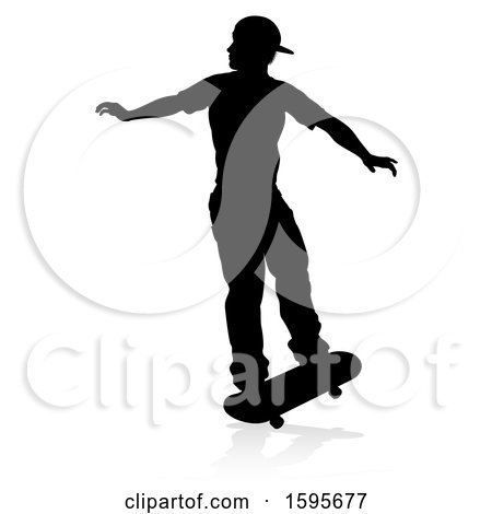 Clipart of a Silhouetted Male Skateboarder, with a Reflection or Shadow, on a White Background - Royalty Free Vector Illustration by AtStockIllustration