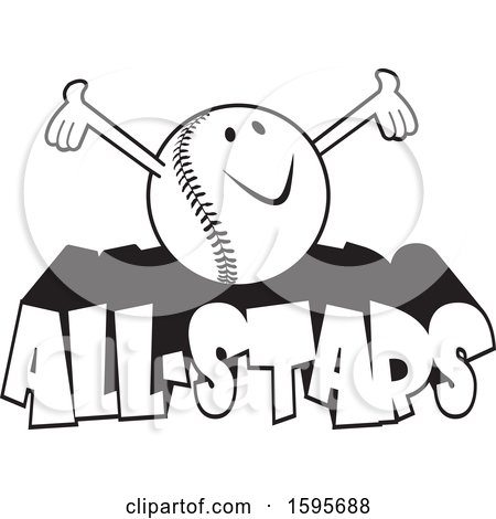 Clipart of a Black and White Baseball School Mascot on All Stars Text - Royalty Free Vector Illustration by Johnny Sajem