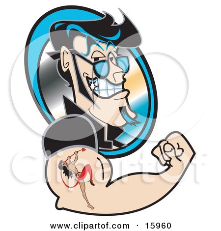 Handsome Flirty Black Haired Man Grinning And Flexing, Showing The Tattoo Of A She Devil On His Arm Clipart Illustration by Andy Nortnik