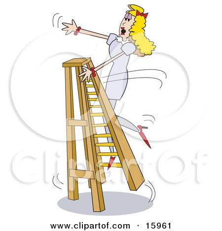 Clumsy Blond Woman Trying To Climb A Ladder In Heels, Falling Over Clipart Illustration by Andy Nortnik