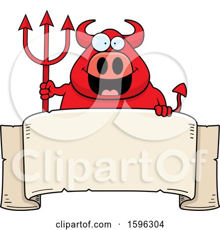 Clipart of a Chubby Red Devil Holding a Pitchfork over a Banner - Royalty Free Vector Illustration by Cory Thoman