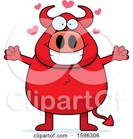 Clipart of a Chubby Red Devil with Hearts and Open Arms - Royalty Free Vector Illustration by Cory Thoman