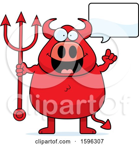 Clipart of a Chubby Red Devil Holding a Pitchfork and Talking - Royalty Free Vector Illustration by Cory Thoman
