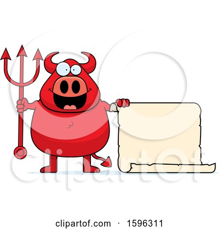 Clipart of a Chubby Red Devil with a Blank Scroll - Royalty Free Vector Illustration by Cory Thoman