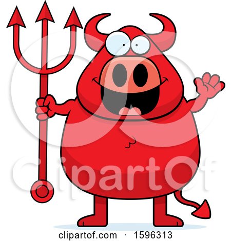 Clipart of a Chubby Red Devil Holding a Pitchfork and Waving - Royalty Free Vector Illustration by Cory Thoman