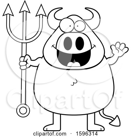 Clipart of a Black and White Chubby Devil Holding a Pitchfork and Waving - Royalty Free Vector Illustration by Cory Thoman