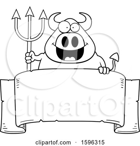 Clipart of a Black and White Chubby Devil Holding a Pitchfork over a Banner - Royalty Free Vector Illustration by Cory Thoman