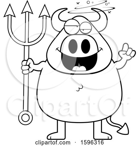 Clipart of a Black and White Drunk Chubby Devil Holding a Pitchfork - Royalty Free Vector Illustration by Cory Thoman