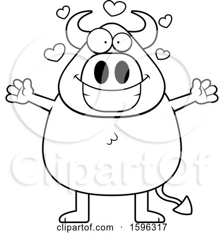 Clipart of a Black and White Chubby Devil with Hearts and Open Arms - Royalty Free Vector Illustration by Cory Thoman
