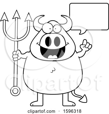 Clipart of a Black and White Chubby Devil Holding a Pitchfork and Talking - Royalty Free Vector Illustration by Cory Thoman