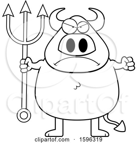 Clipart of a Black and White Mad Chubby Devil Holding a Pitchfork - Royalty Free Vector Illustration by Cory Thoman