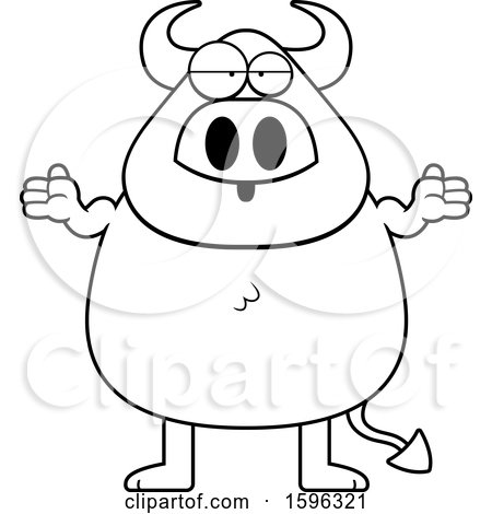 Clipart of a Black and White Careless Shrugging Chubby Devil - Royalty Free Vector Illustration by Cory Thoman