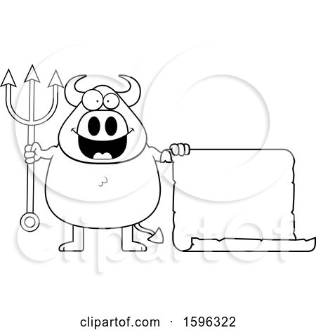 Clipart of a Black and White Chubby Devil with a Blank Scroll - Royalty Free Vector Illustration by Cory Thoman