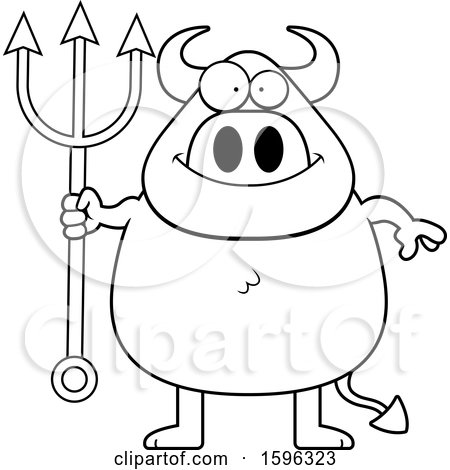 Clipart of a Black and White Chubby Devil Holding a Pitchfork - Royalty Free Vector Illustration by Cory Thoman