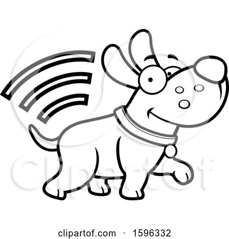Clipart of a Cartoon Black and White Dog with Microchip Signals - Royalty Free Vector Illustration by Cory Thoman
