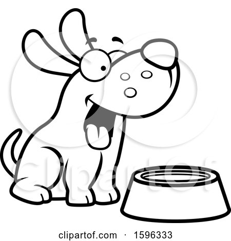 Clipart of a Cartoon Black and White Dog Sitting by a Water Bowl - Royalty Free Vector Illustration by Cory Thoman