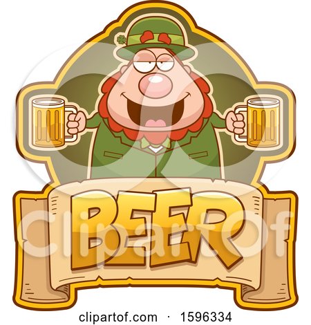 Clipart of a Chubby Leprechaun Holding Beer Mugs over a Text Banner - Royalty Free Vector Illustration by Cory Thoman