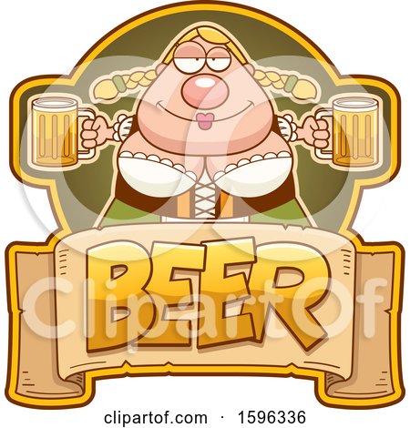 Clipart of a Chubby Oktoberfest Woman Holding Beer Mugs over a Text Banner - Royalty Free Vector Illustration by Cory Thoman