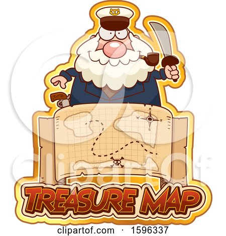 Clipart of a Chubby Sea Captain Holding a Sword over a Treasure Map - Royalty Free Vector Illustration by Cory Thoman