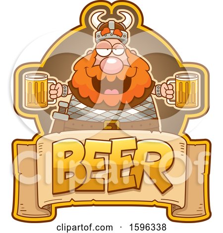 Clipart of a Chubby Male Viking Holding Beer Mugs over a Text Banner - Royalty Free Vector Illustration by Cory Thoman