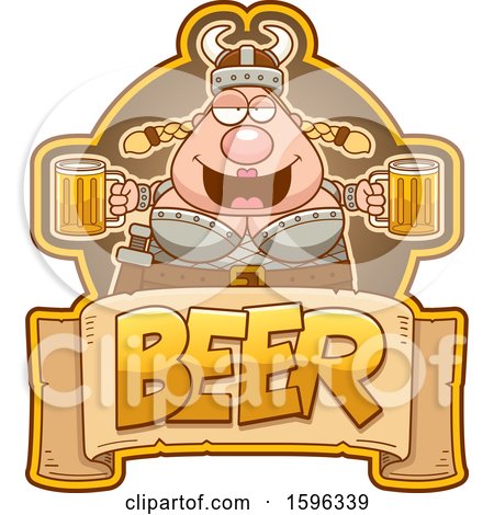 Clipart of a Chubby Female Viking Holding Beer Mugs over a Text Banner - Royalty Free Vector Illustration by Cory Thoman