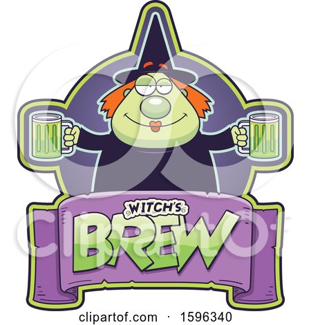 Clipart of a Chubby Witch Holding Beer Mugs over a Text Banner - Royalty Free Vector Illustration by Cory Thoman