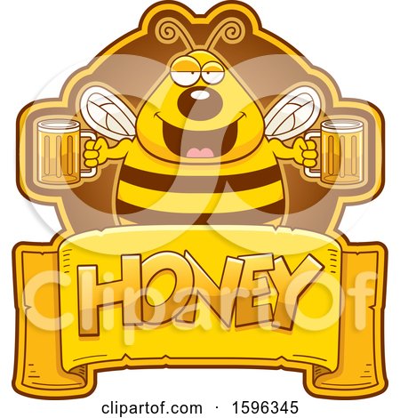 Clipart of a Bee Holding Beer Mugs over a Honey Text Banner - Royalty Free Vector Illustration by Cory Thoman