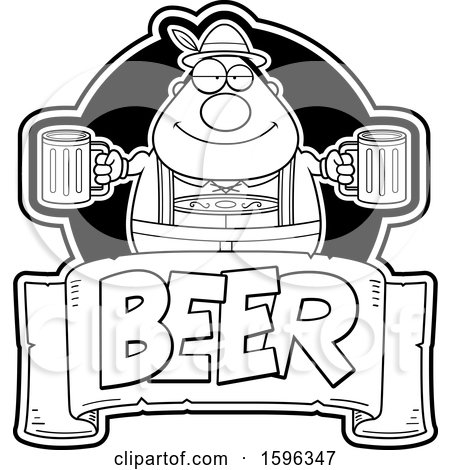 Clipart of a Black and White Chubby Oktoberfest Man Holding Beer Mugs over a Text Banner - Royalty Free Vector Illustration by Cory Thoman