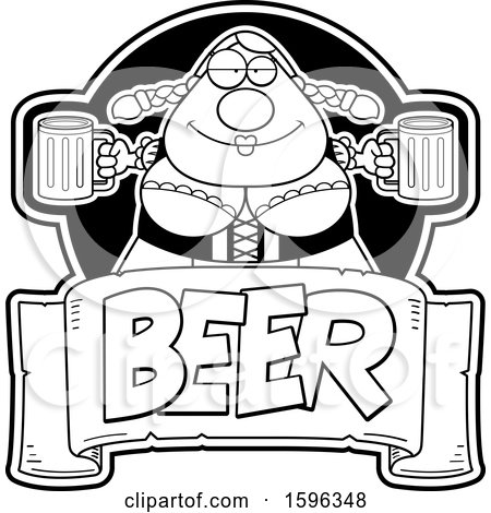Clipart of a Black and White Chubby Oktoberfest Woman Holding Beer Mugs over a Text Banner - Royalty Free Vector Illustration by Cory Thoman