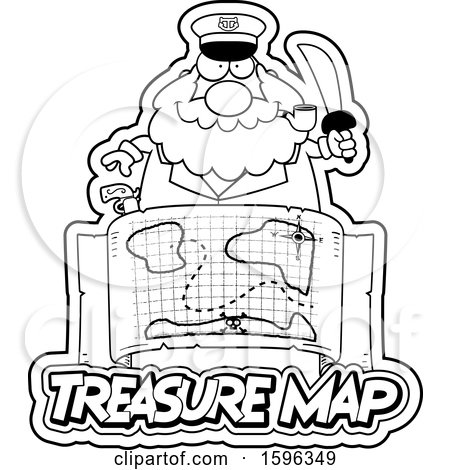 Clipart of a Black and White Chubby Sea Captain Holding a Sword over a Treasure Map - Royalty Free Vector Illustration by Cory Thoman