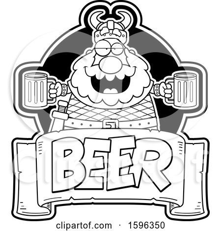 Clipart of a Black and White Chubby Male Viking Holding Beer Mugs over a Text Banner - Royalty Free Vector Illustration by Cory Thoman
