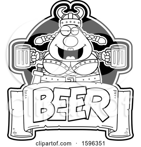 Clipart of a Black and White Chubby Female Viking Holding Beer Mugs over a Text Banner - Royalty Free Vector Illustration by Cory Thoman