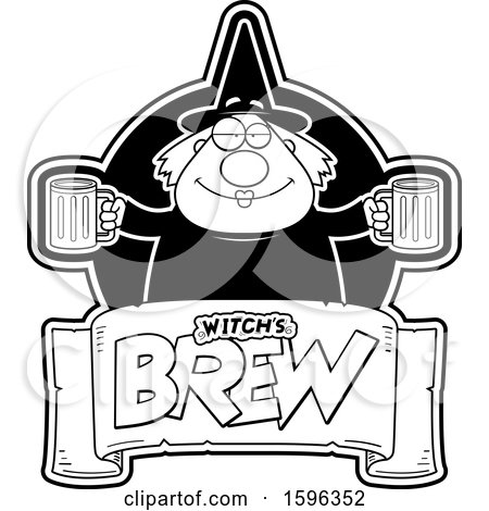 Clipart of a Black and White Chubby Witch Holding Beer Mugs over a Text Banner - Royalty Free Vector Illustration by Cory Thoman