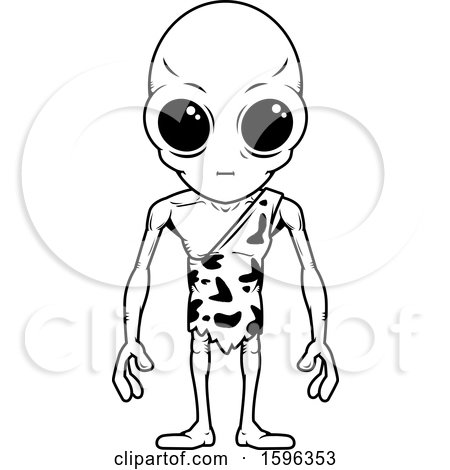 Clipart of a Cartoon Black and White Standing Caveman Alien - Royalty Free Vector Illustration by Cory Thoman