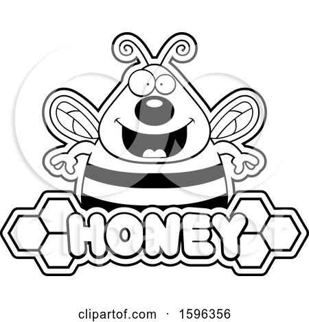 Clipart of a Black and White Bee over a Honey Text Banner - Royalty Free Vector Illustration by Cory Thoman