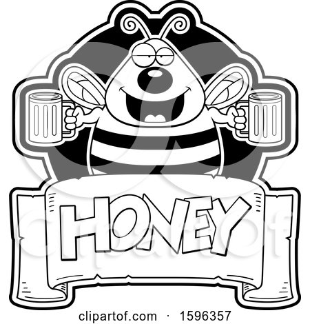 Clipart of a Black and White Bee Holding Beer Mugs over a Honey Text Banner - Royalty Free Vector Illustration by Cory Thoman