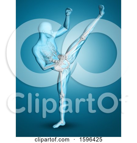Clipart of a 3d Medical Male Figure Kickboxing, on Blue - Royalty Free Illustration by KJ Pargeter