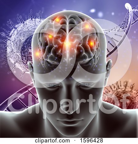 Clipart of a 3d Man with a Visible Brain, Viruses and Dna Strand - Royalty Free Illustration by KJ Pargeter
