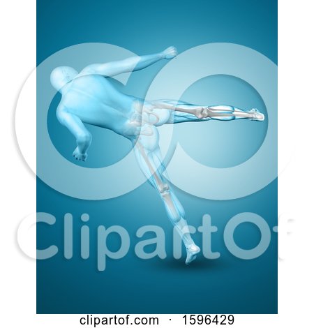 Clipart of a 3d Medical Male Figure Kickboxing, on Blue - Royalty Free Illustration by KJ Pargeter