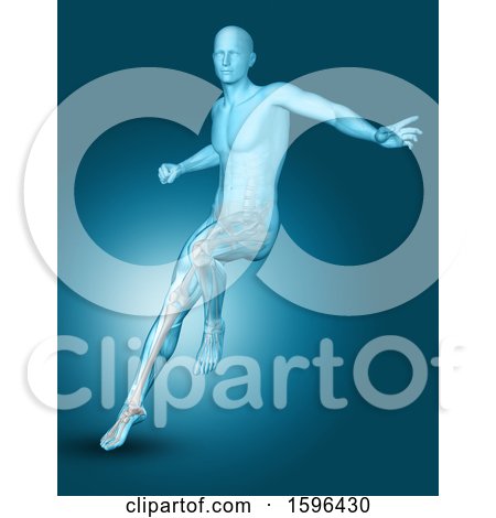 Clipart of a 3d Medical Male Figure Jumping, on Blue - Royalty Free Illustration by KJ Pargeter