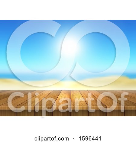 Clipart of a 3d Wood Surface and a Beach View - Royalty Free Vector Illustration by KJ Pargeter