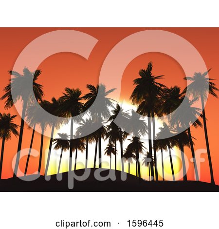 Clipart of a Tropical Orange Sunset with Silhouetted Palm Trees - Royalty Free Illustration by KJ Pargeter