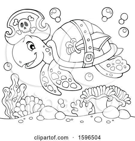 Clipart of a Lineart Pirate Sea Turtle - Royalty Free Vector Illustration by visekart