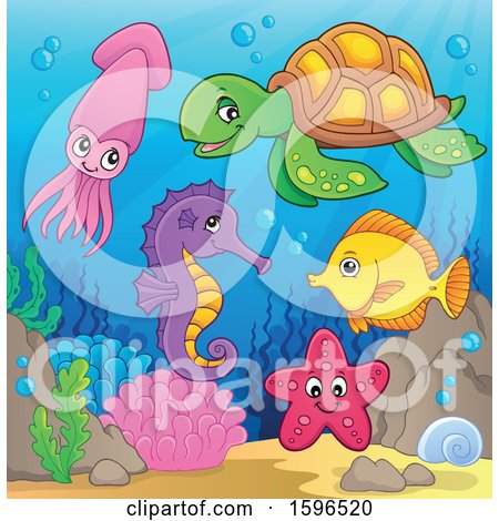 Clipart of Sea Creatures at the Bottom of the Ocean - Royalty Free Vector Illustration by visekart