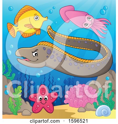 Clipart of a Spotted Eel and Other Creatures at a Reef - Royalty Free Vector Illustration by visekart