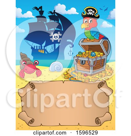 Clipart of a Pirate Parrot on a Treasure Chest over a Scroll| Royalty Free Vector Illustration by visekart