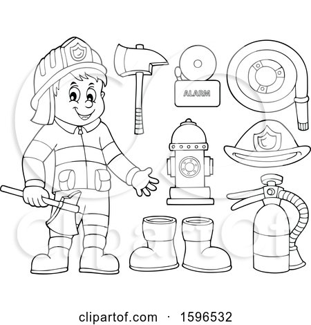 Clipart of a Lineart Fire Man Holding an Axe, and Equipment - Royalty Free Vector Illustration by visekart
