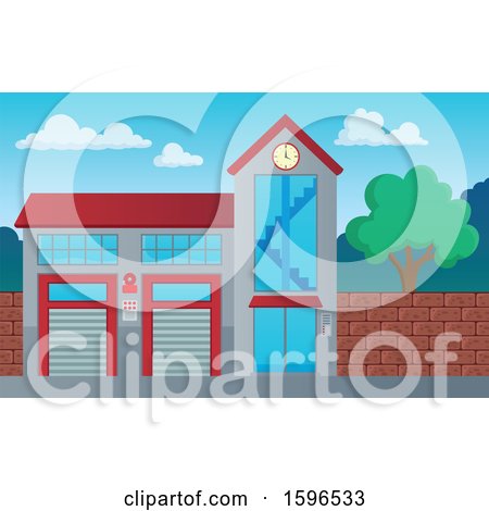 Clipart of a Fire Department Station Exterior - Royalty Free Vector Illustration by visekart