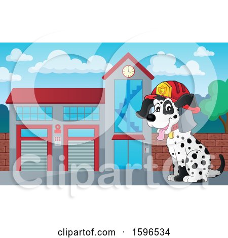 Clipart of a Fire Fighter Dalmatian Dog at a Station - Royalty Free Vector Illustration by visekart