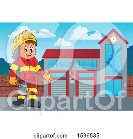 Clipart of a Fire Man Holding an Axe by a Station - Royalty Free Vector Illustration by visekart